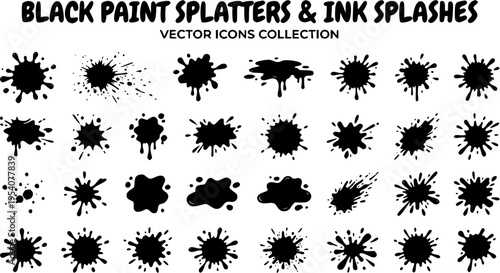 Black paint blots collection featuring cartoon-style paint splatters and ink splashes isolated on a white background. Includes grunge stains, drips, and abstract shapes. Perfect for posters, street ar