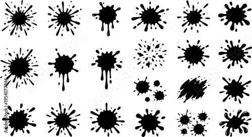 Black paint blots collection featuring cartoon-style paint splatters and ink splashes isolated on a white background. Includes grunge stains, drips, and abstract shapes. Perfect for posters, street ar