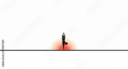 Silhouette of person in peaceful yoga pose, standing on one leg in tree pose. Simple graphic depicts balanced yoga pose, symbolizing inner peace and spiritual harmony. Ideal for wellness branding,