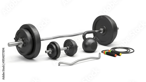Black dumbbell and kettlebell set with jump rope