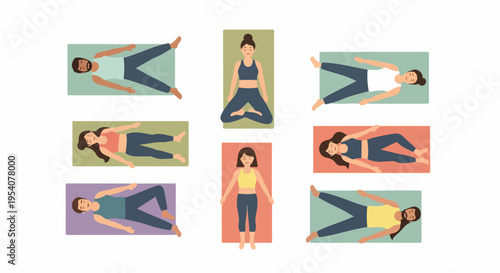 Diverse people show various yoga poses on mats, displaying different positions. Gentle yoga poses for stretching, relaxation, mindfulness, promoting well being. Concept yoga poses for fitness apps,