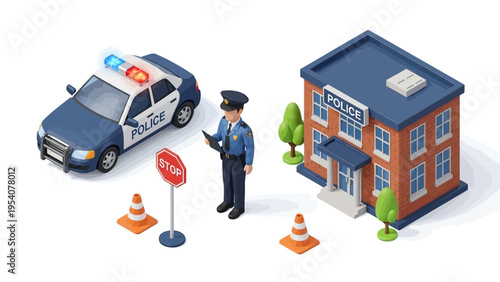 Police officer standing next to police car and station