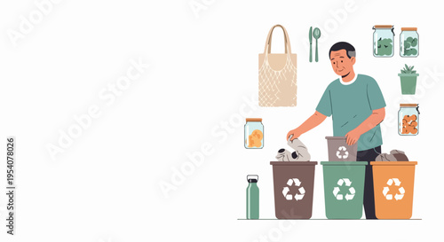 Man practicing waste management, separating garbage into bins with recycling symbols. Waste management encourages eco habits with reusable bag, glass jars, water bottle.