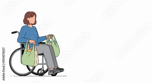 Woman in wheelchair shopping, holding reusable bags with groceries. Independent wheelchair shopping highlights accessible lifestyle, daily tasks.