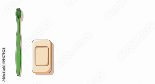 Green toothbrush and rectangular soap bar, essential items for personal hygiene. Daily routine components for self care, promoting oral hygiene and bodily freshness.