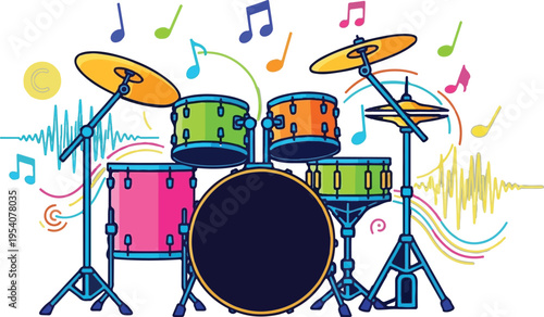 A vibrant illustration of a colorful drum kit surrounded by musical notes and audio wave patterns