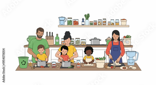 Family cooking together in bright kitchen, parents with children preparing ingredients for healthy meal. This family cooking scene depicts teamwork, joy and bonding.