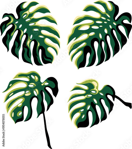 Monstera deliciosa leaves collection in flat design style with dynamic shading.perfect for modern home decor, summer-themed branding, and contemporary graphic design projects.
