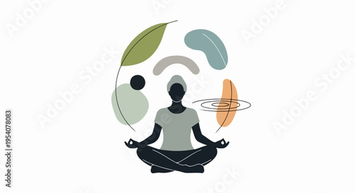 Silhouette figure practices meditation mindfulness with abstract leaves and shapes floating. Scene promotes calm, relaxation, and inner peace, reflecting spiritual well being.