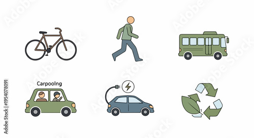 Sustainable transportation icons illustrate bicycle, walking figure, bus. Set includes carpooling, electric vehicle charging, recycling symbol for sustainable transportation.