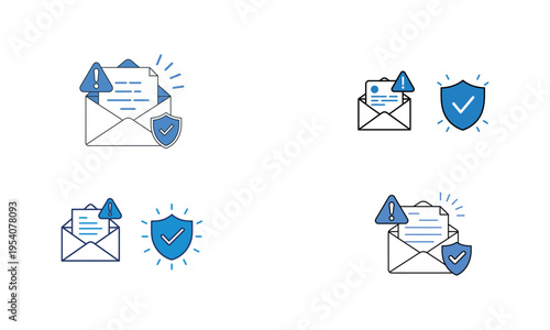 Email security protection icons with shield and warning symbols isolated on white background for cyber safety concept
