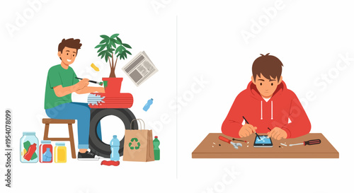 Man cultivating sustainable hobby, repairing electronic devices using tools and transforming old materials into new useful items. Sustainable hobby involves creative reuse,