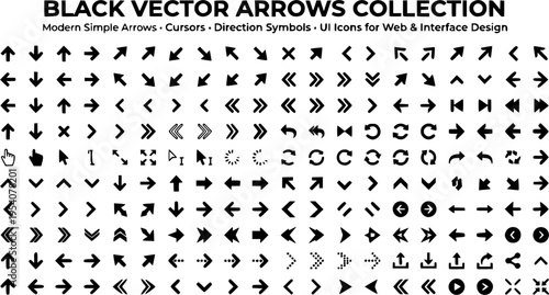 Black vector arrows collection featuring modern, simple arrow icons and cursor elements in flat style. Includes various direction symbols ideal for web design, UI interfaces, navigation, apps, and dig