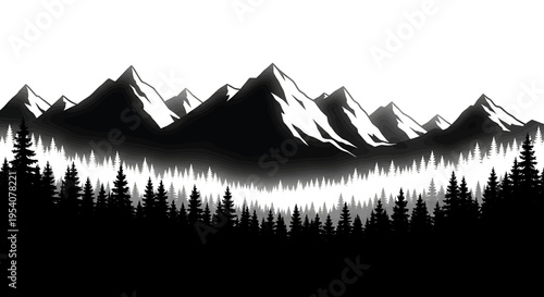 A majestic landscape featuring a dense coniferous forest situated before towering mountain peaks