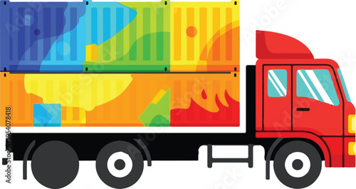 A vibrant red cargo truck carrying colorful shipping containers on a clean white background view