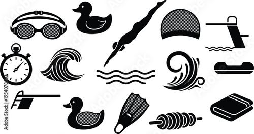 Black and white vector illustration set of swimming and pool equipment featuring goggles, rubber ducks, flippers, waves, diving boards, and a swimmer in action.