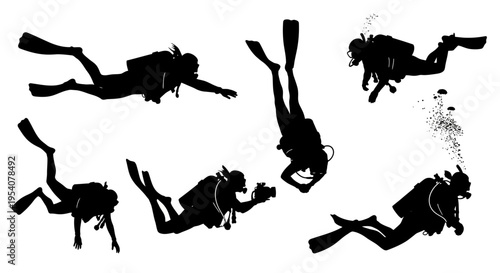 Scuba diver silhouettes, black diving and underwater swimming figures on white background