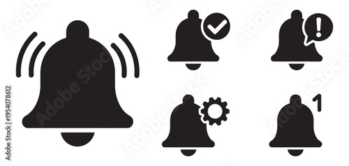 Notification bell icon set, alert, reminder, ringing alarm, message pack, vector illustration, mobile app UI, communication, notification, interface, alert symbols