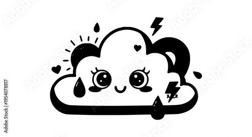 Cloud cartoon with cute face and raindrops around, smiling with hearts and lightning bolts featuring weather,