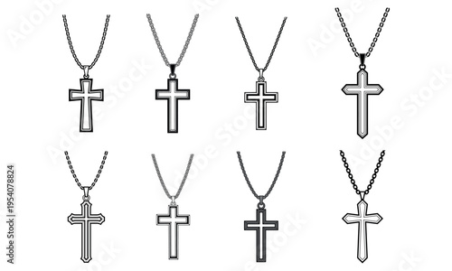 Christian cross necklace collection isolated on white background for religion faith and spirituality concept
