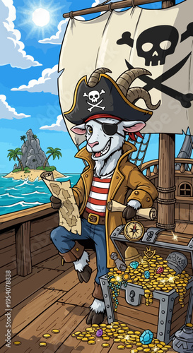 Cartoon pirate goat stands on old wooden ship deck, holding an aged treasure map and looking at island. Pirate goat wears classic hat, eye patch, red striped shirt,
