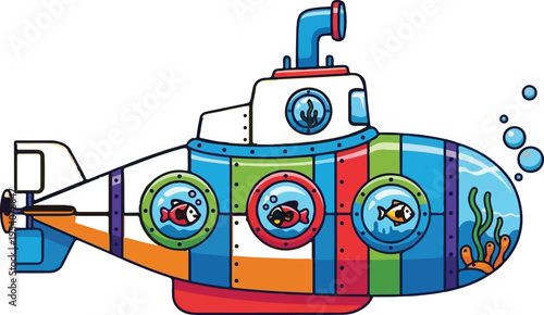 A colorful cartoon submarine exploring the deep blue sea with small fish swimming inside windows