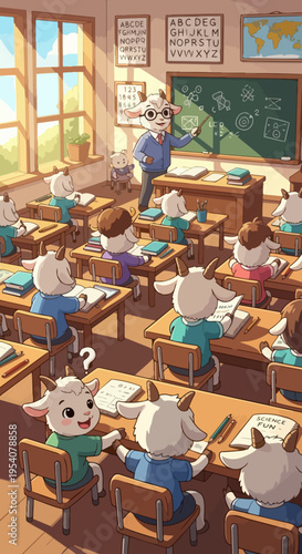 Bright goat classroom, kind teacher explains lesson to students at wooden desks. Engaged goat classroom pupils study books, some raise hooves. Educational goat classroom for children’s media.