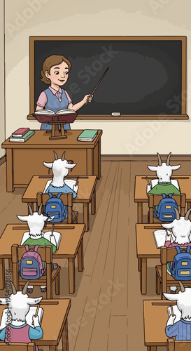 Goat classroom scene with attentive student goats sitting at wooden desks, listening to their teacher. Goat classroom features a female educator pointing at blackboard, instructing young animals.