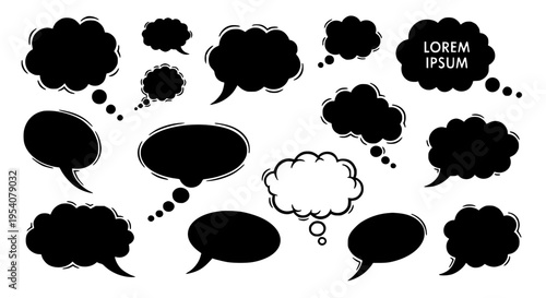 Speech bubbles set with black and white vector graphics and thought clouds.. featuring chat icons, graphic design