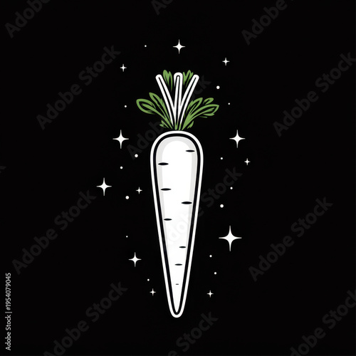 White carrot with green leaves.