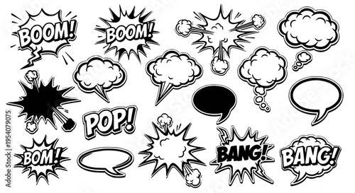 Speech bubbles comic book style with boom and bang effects featuring pop, illustration, graphic with bubble and