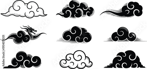 Black and white vector illustration set of traditional Asian stylized clouds and a mythological dragon, featuring vintage engraving and tattoo styles for graphic design projects.