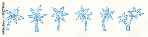 Set of isolated blue hand-drawn tropical coconut palms in doodle style on white background. Tropical beach elements. Botanical elements. Floral decoration. Monochrome design. Vector illustration. 