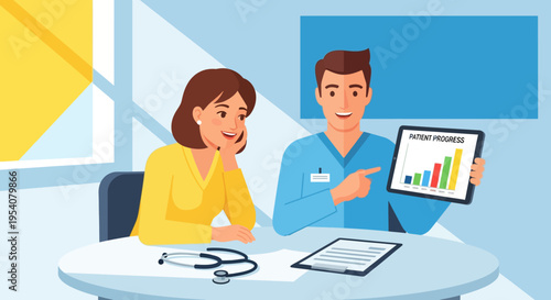 doctor and patient discussing health data on tablet in clinic