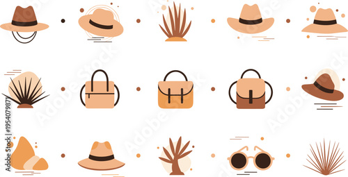 Minimal Desert Accessories Vector Icon Set with Hats Bags Sunglasses Cactus Plants and Boho Elements for Travel Fashion Design Collection