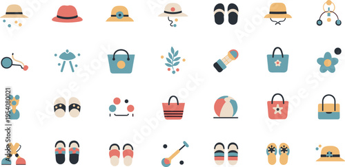 Colorful Summer Vacation Accessories Vector Set with Hats Slippers Bags and Fun Travel Essentials Collection for Holiday Trip Design