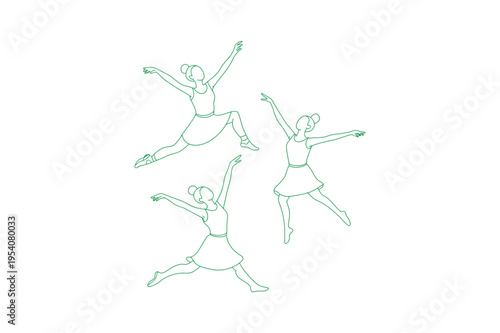 Three green line art illustrations of women figure skating ballet style illustration dance drawing