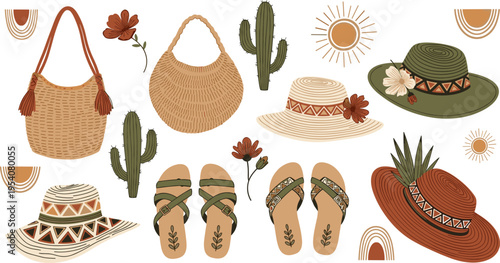 Boho Desert Summer Accessories Vector Set with Straw Hats Wicker Bags Sandals Cactus Sun and Tribal Pattern Elements for Vacation Fashion Collection