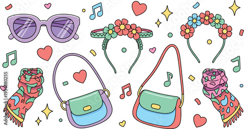 Cute Girly Accessories Vector Set with Sunglasses Floral Headbands Crossbody Bags Scarves Hearts Music Notes and Colorful Fashion Elements Collection