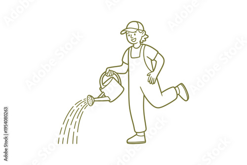 A smiling woman wearing overalls and a cap waters plants with a watering can