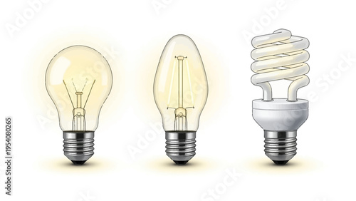 Different types of light bulbs on a white background