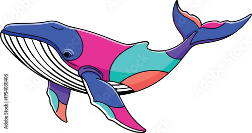 A vibrant and artistic illustration of a majestic whale featuring colorful abstract geometric shapes