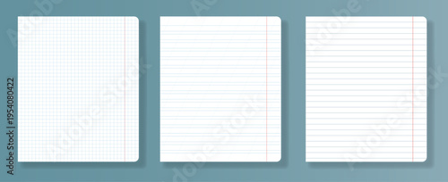 Set of 3 school notebook paper sheets 5mm grid, narrow ruled with slanted lines, and wide ruled template. Vector school stationery mockup