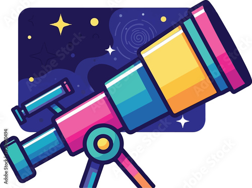 A colorful cartoon telescope pointed at a vibrant starry night sky filled with distant galaxies