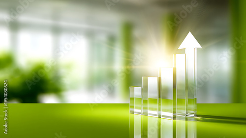 Wallpaper Mural Dynamic 3D Render of a Glass Bar Graph with Arrow Ascending, Symbolizing Business Growth, Success, and Environmental Progress on a Green Surface Torontodigital.ca