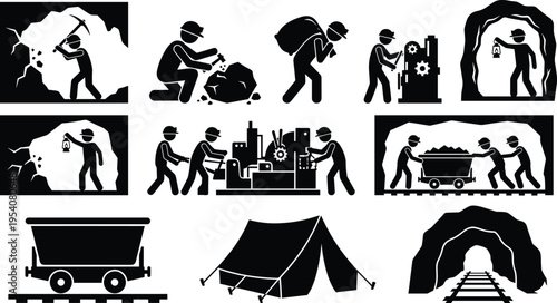 Black and white vector illustration set of underground mining activities featuring coal miners with pickaxes, ore carts on tracks, mining machinery, and tunnel caves.