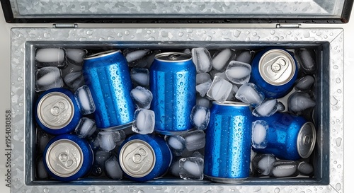 Refreshing blue soda cans chilling in ice inside cooler for party or picnic