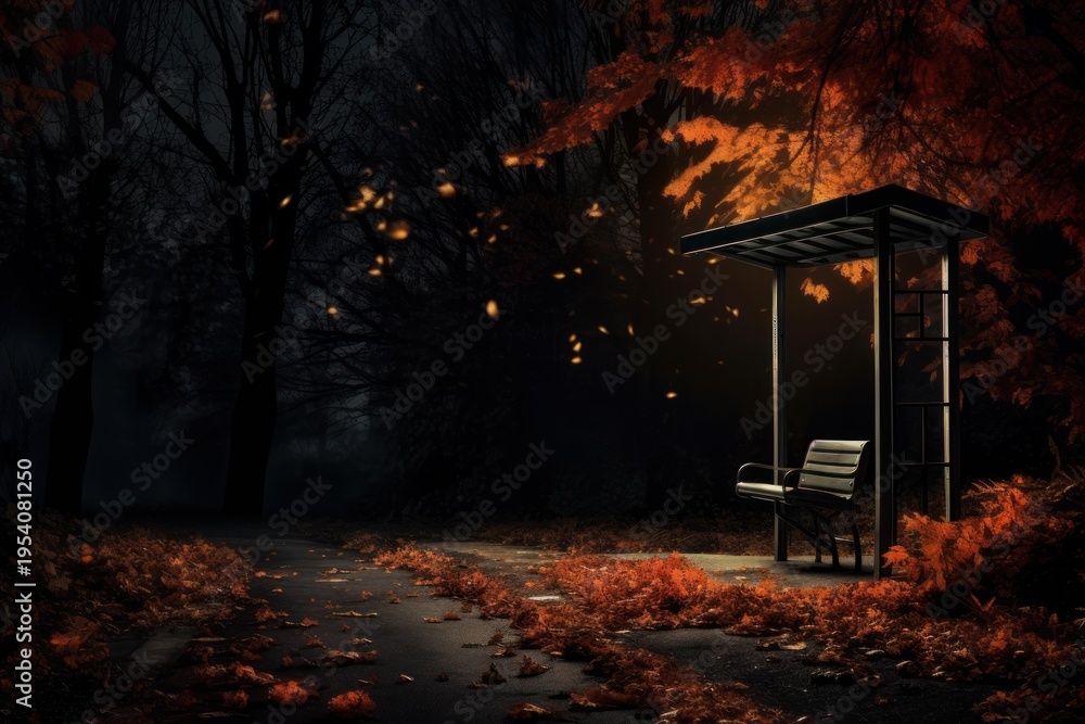 Fototapeta premium Empty bus stop bench waiting for passengers during an autumn night