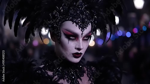 Woman with Heavy Makeup and Feathered Headpiece.