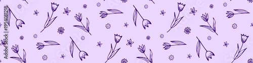 Seamless hand-drawn pattern with flowers and twigs in doodle style on purple background. Vintage floral pattern with botanical elements for postcards, wrapping papper, textile. Vector illustration. 